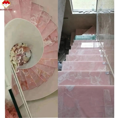 Podświetlone różowe płytki porcelanowe z onyksem geometryczny projekt jasnoróżowe różowe płyty stołowe cena hurtowa przezroczysty różowy schody z onyksem
